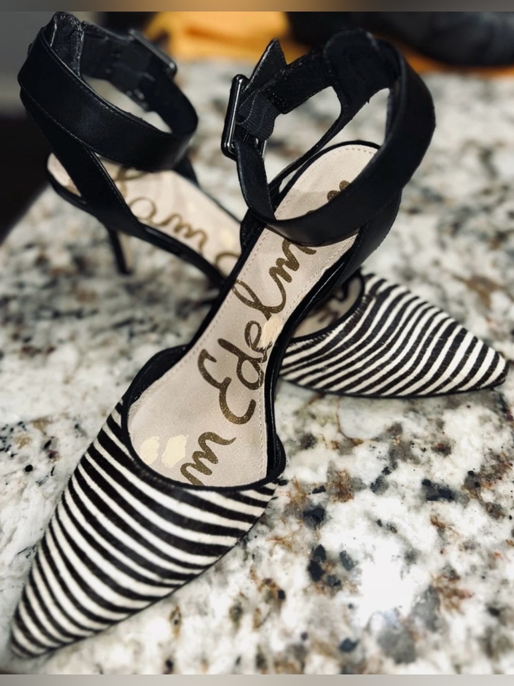 Sam Edelman Zebra Print Calf Hair Pointed Toe Ankle Strap Kitten Heels